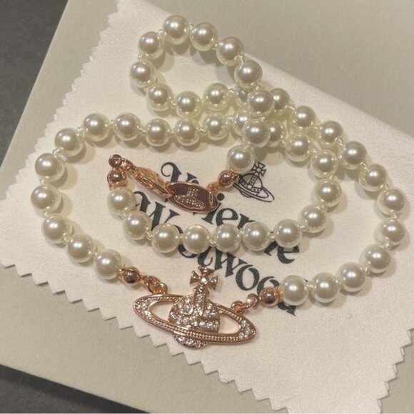 Vivienne Westwood mini bas relief choker necklace pearl orbit ROSE GOLD